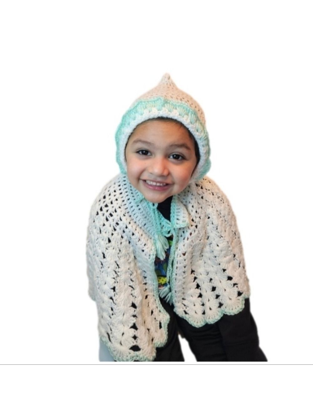 Hand Knit Crochet Set White and Green Cape and Hat